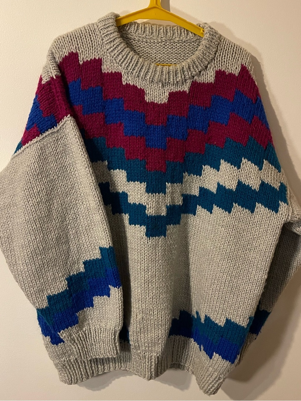 Vintage Hand Knit Oversized Chevron Chunky Pullover Sweater XXL 2XL